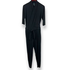 Les Lunes Women's XS The Paul Belted Wrap Jumpsuit Solid Black Soft Comfy Casual